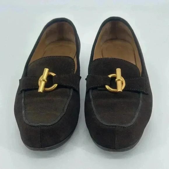 Authentic Vtg 1992 HERMES Brown Suede Slip On Flat Loafers Gold Metal Bit EU37.5 - Picture 3 of 11
